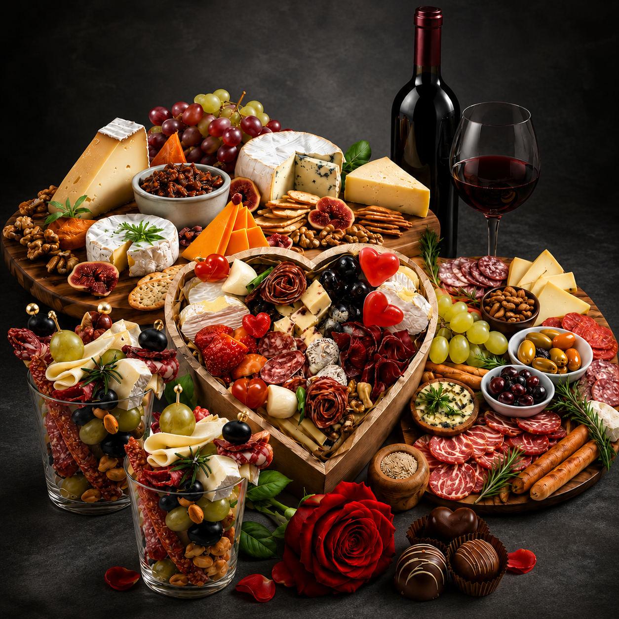 Quesos, carnes frías, embutidos, fruta fresca y acompañamientos de una tabla Qüso